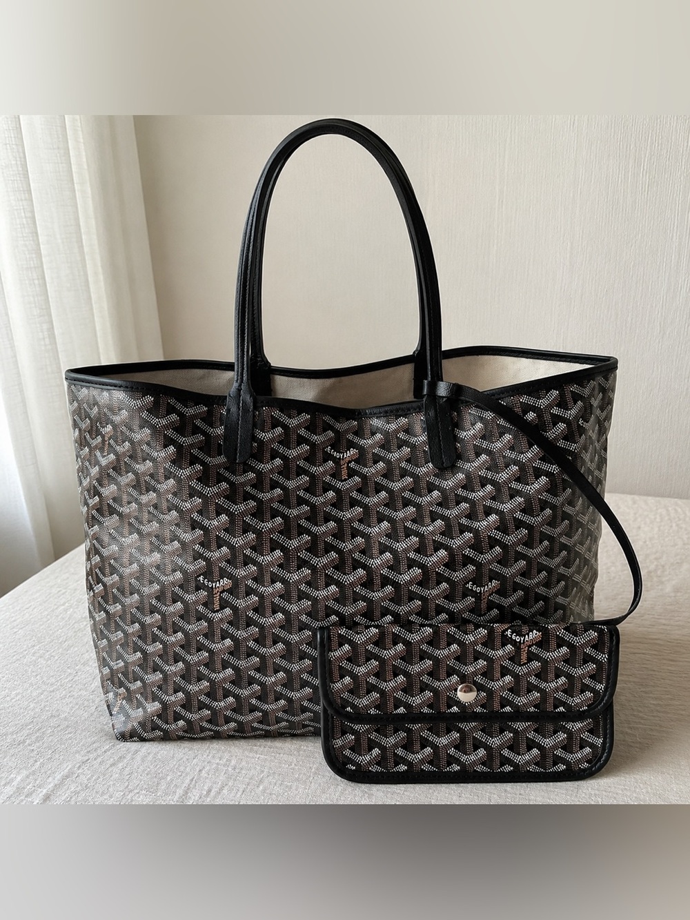 Goyard Black Pattern-Print St. Louis Tote with Matching Pouch